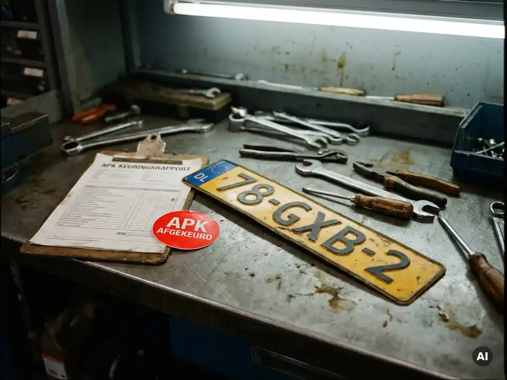 Nederlands kenteken op werkbank naast rode afkeursticker en APK-keuringsklembord, gereedschap verspreid op achtergrond.