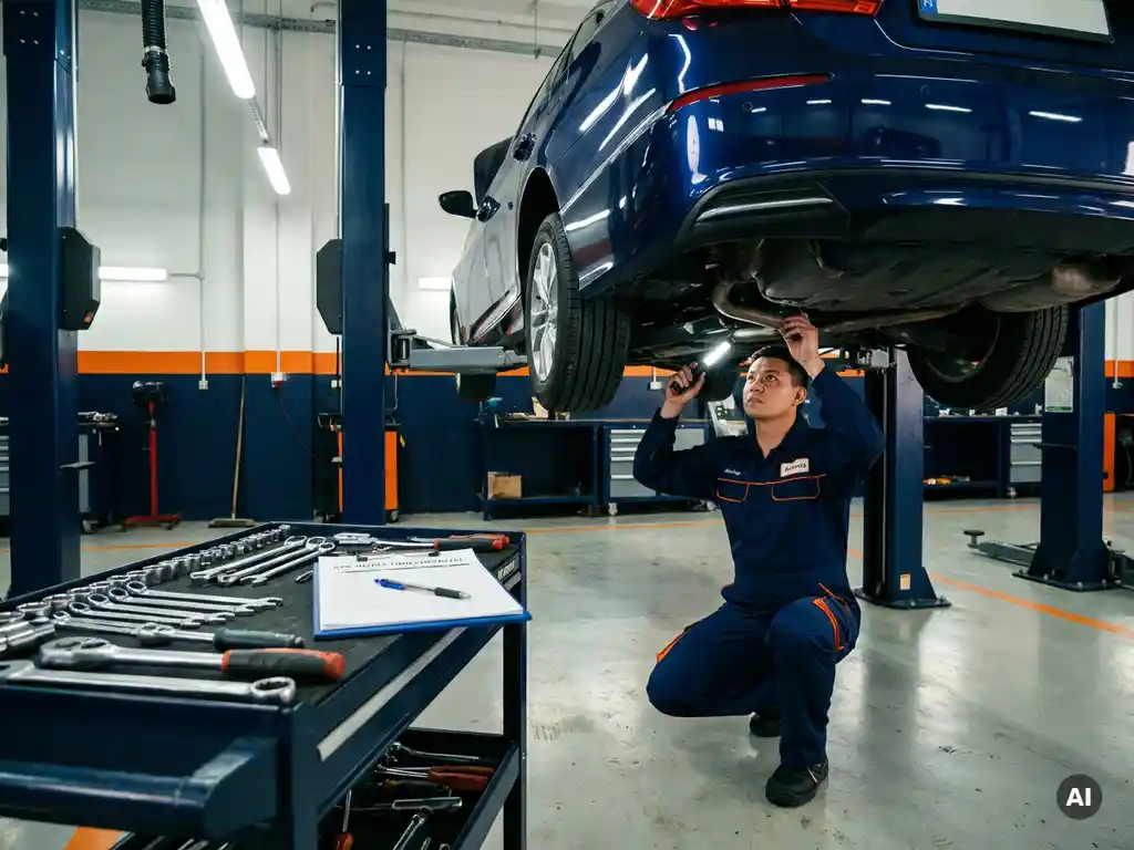 Monteur inspecteert auto op hydraulische hefbrug tijdens APK-keuring in professionele garage met betonnen vloer.