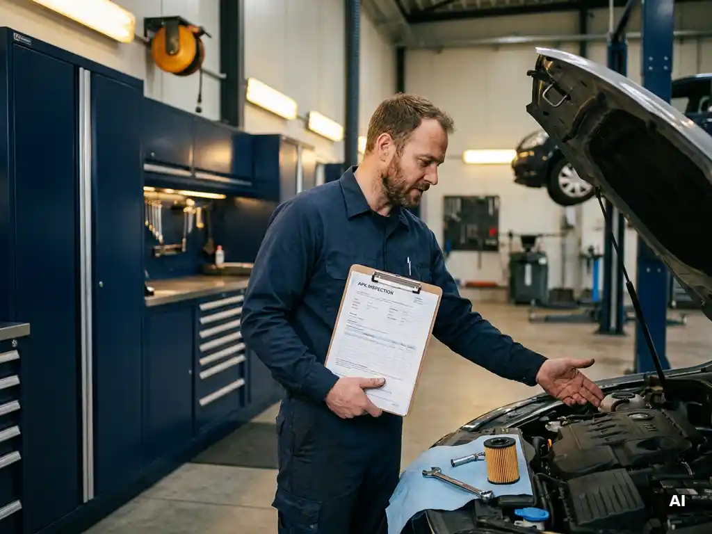 Monteur met APK-keuringsklembord naast open motorkap in professionele garage met hefbrug en gereedschap op blauwe werkdoek.
