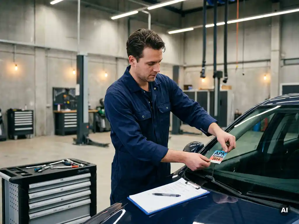Monteur in marineblauw uniform plakt APK-keuringssticker op autoruit in moderne, goed verlichte garage.