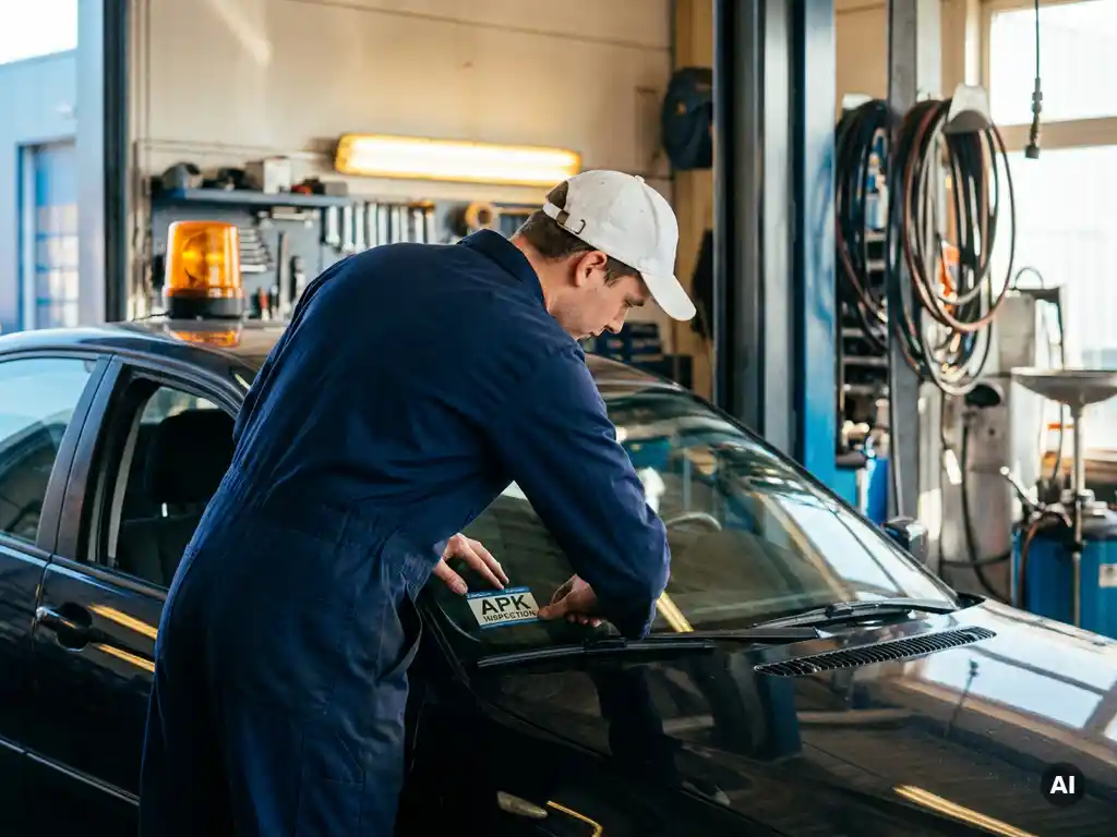 Monteur in werkplaatsuniform plakt APK-keuringssticker op autoruit, voertuig op hydraulische hefbrug in professionele garage.