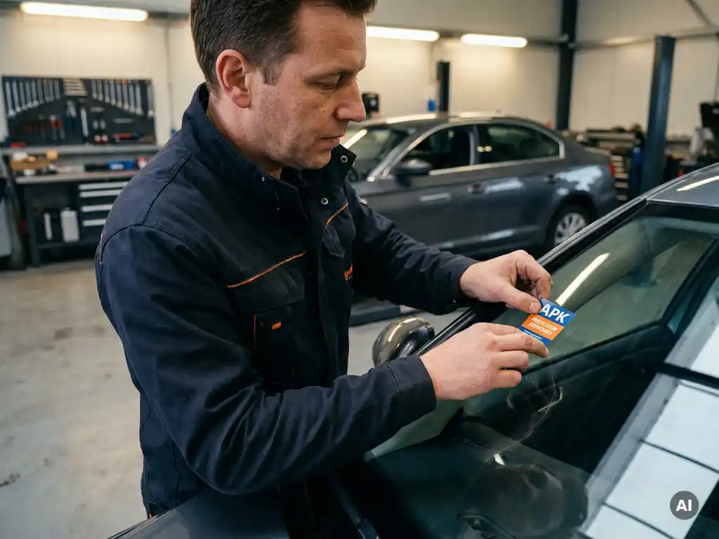 Monteur in werkplaatsuniform plakt officiële APK-keuringssticker op autovoorruit in nette garage.