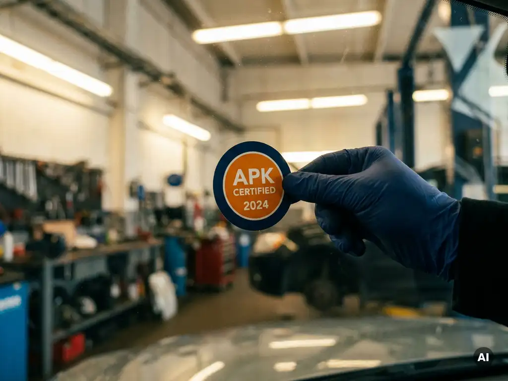 Monteur plakt APK-keuringssticker op autovoorruit in professionele garage.