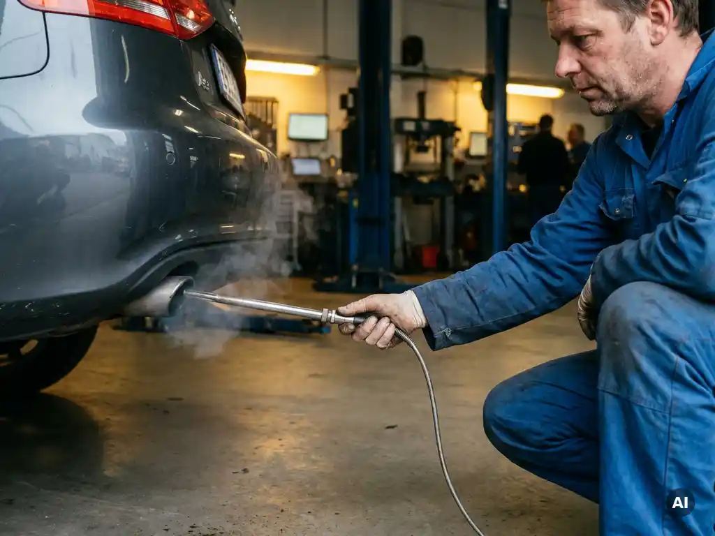 Monteur in blauw werkpak meet uitlaatgassen met sonde tijdens APK-keuring, lichte witte damp stijgt op uit uitlaat.