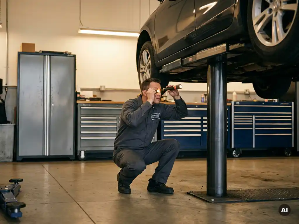 Gecertificeerd monteur in grijs uniform inspecteert het onderstel van een opgeheven auto met een zaklamp in een professionele werkplaats.
