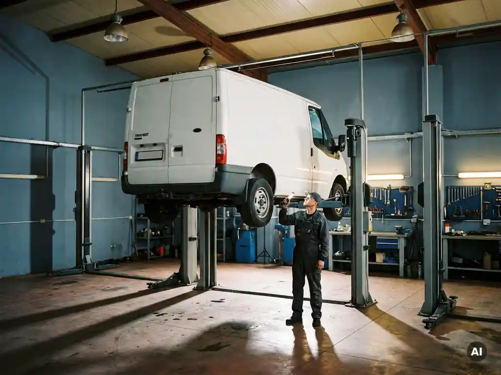 Monteur in donkere overall inspecteert het onderstel van een witte bedrijfsbus op een hefbrug in een professionele garage.