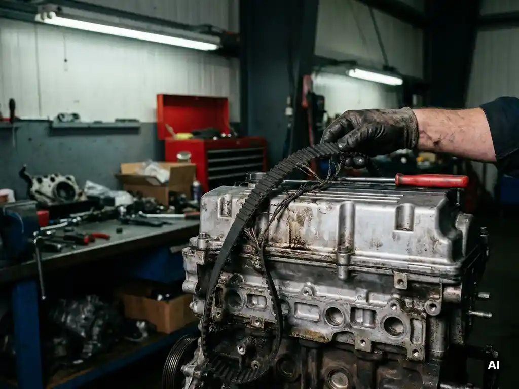 Gebroken en versleten distributieriem op motorblok, onderzocht door monteur met vette werkhandschoenen in professionele autogarage.
