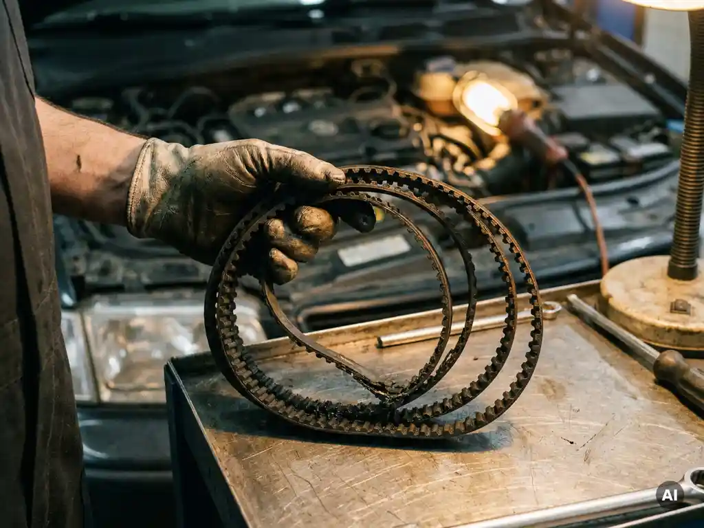 Versleten rubber distributieriem in hand van monteur met vettige handschoen, stalen werkbank en wazige motorruimte op achtergrond.