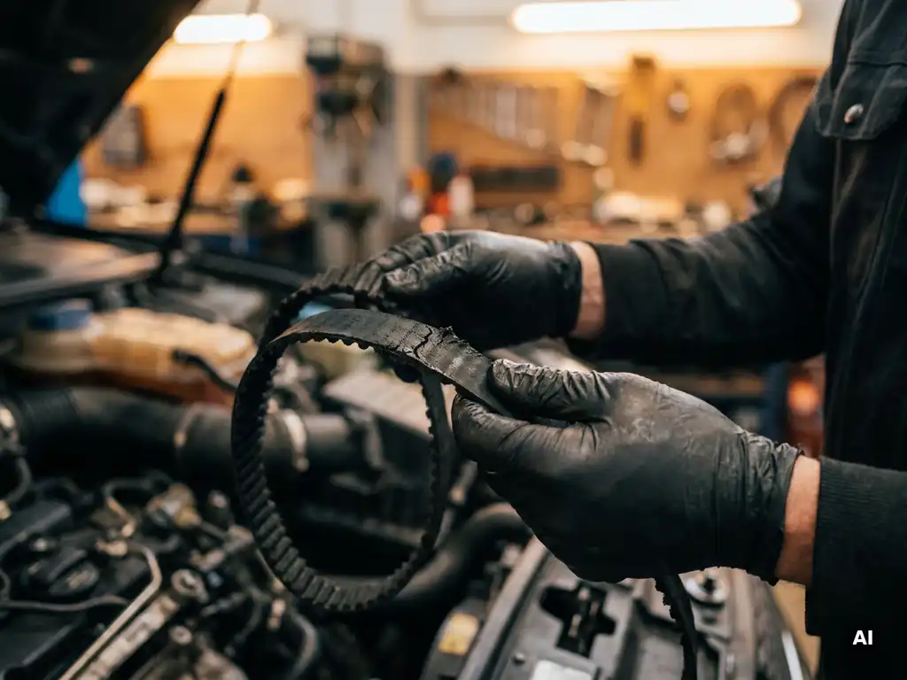 Monteur houdt versleten distributieriem omhoog in autowerkplaats, motoronderdelen zichtbaar op de achtergrond.