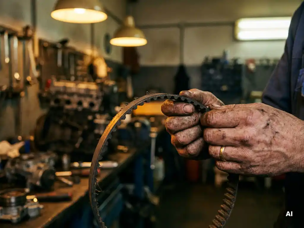 Monteur met vettige handen houdt een versleten distributieriem vast in een professionele autoworkshop.