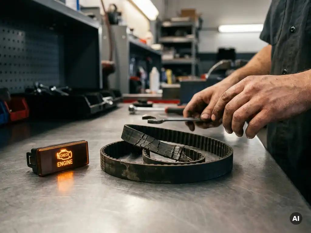 Versleten distributieriem op stalen werkbank naast oranje dashboardwaarschuwingslicht, met ingevette handen van monteur op de achtergrond.