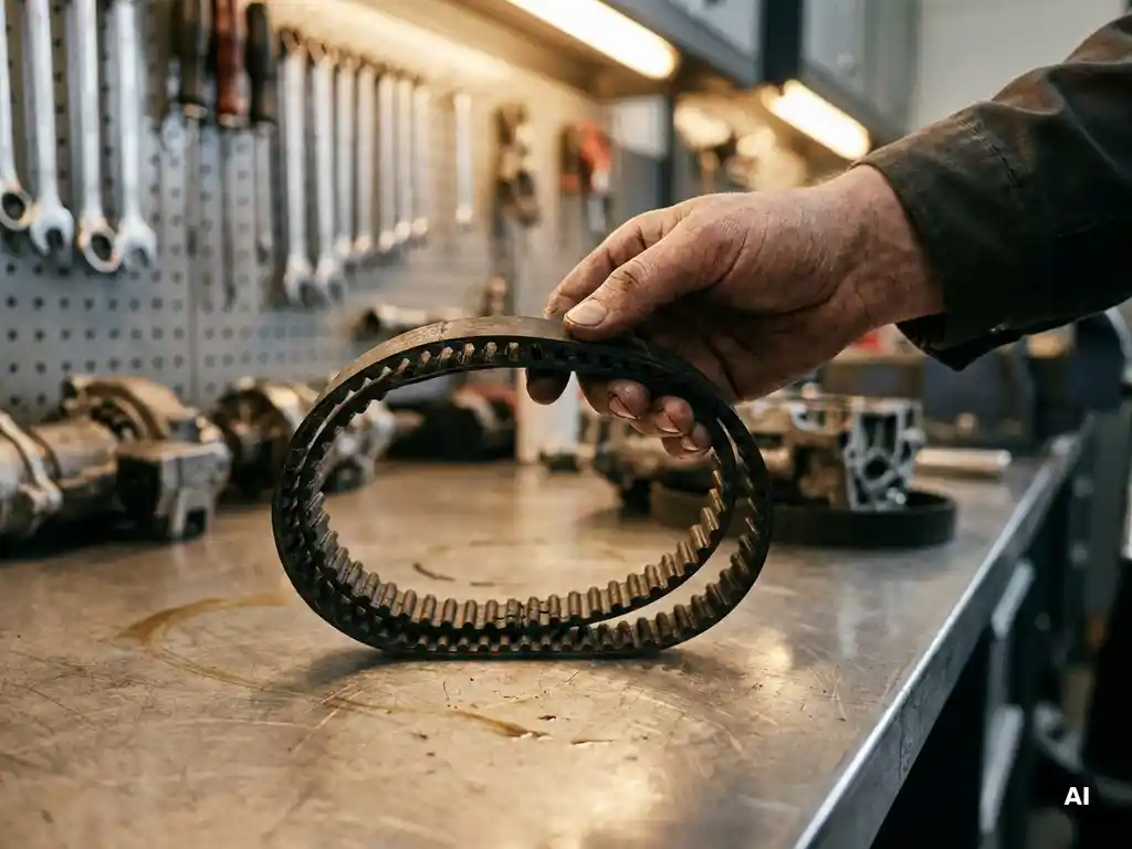 Versleten distributieriem met tandenslijtage vastgehouden door monteur in professionele garage.
