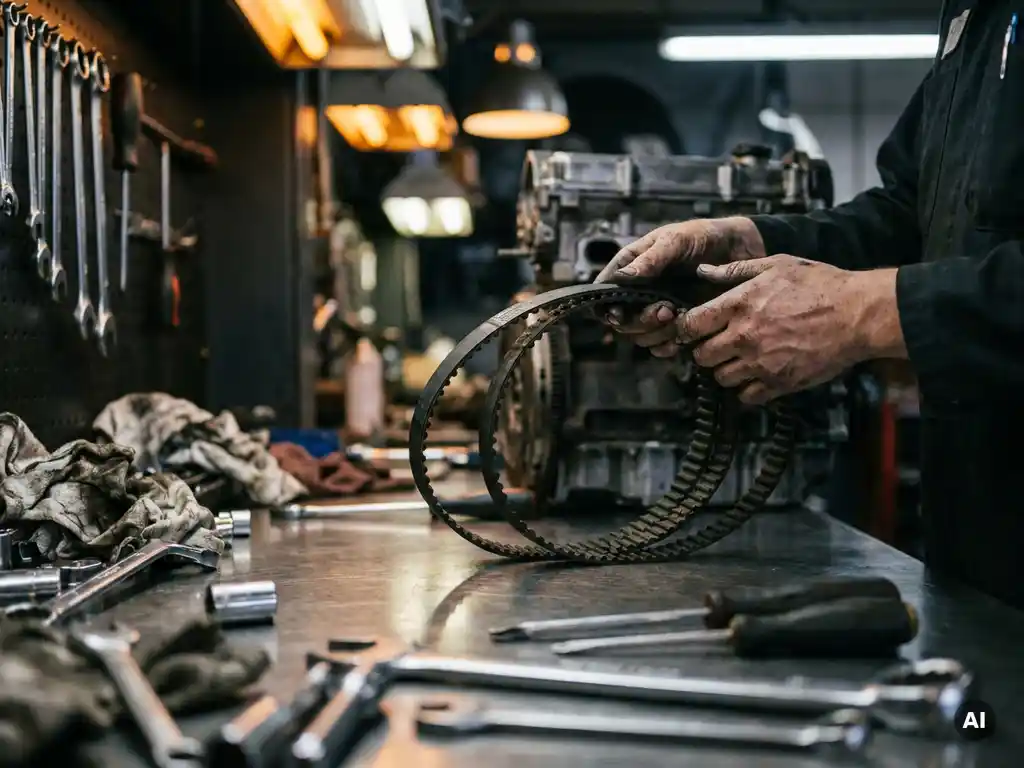 Versleten distributieriem in handen van monteur bij gedemonteerd motorblok, gereedschap en vette lappen op werkbank.