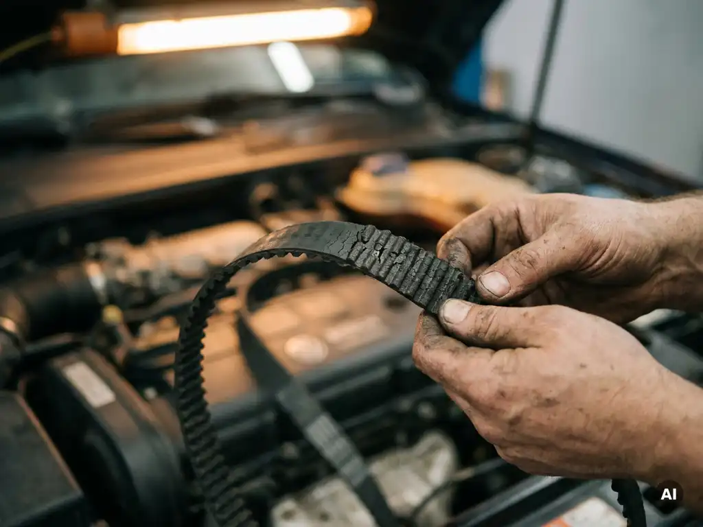 Versleten distributieriem met zichtbare scheuren en tanden, vastgehouden door handen met motorvet, auto-motor op de achtergrond.