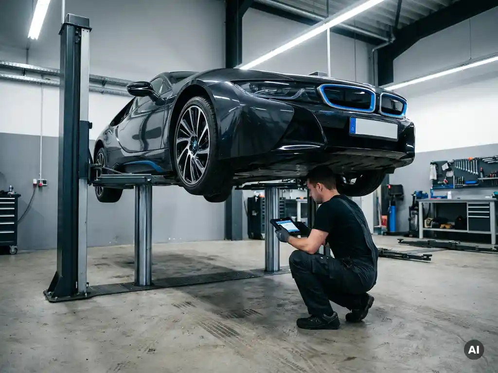 Monteur inspecteert onderstel van elektrische auto op APK-lift in professionele garage met diagnostisch gereedschap.