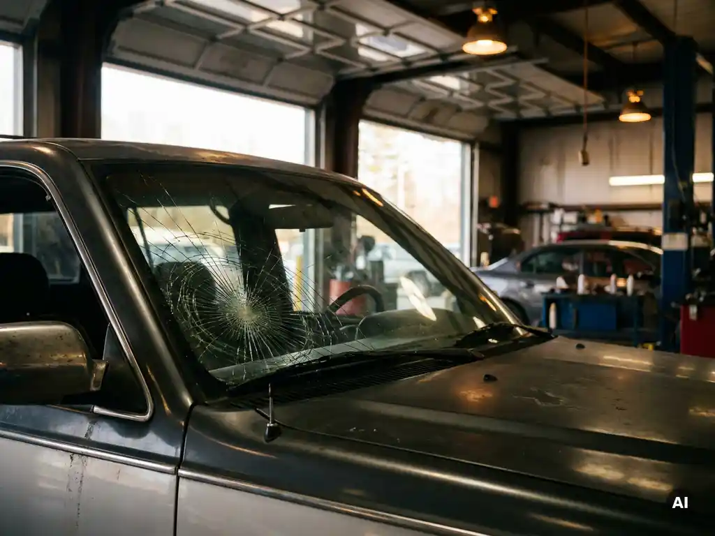 Gebarsten autovoorruit met spinnenwebvormige scheur vanuit de hoek, gefotografeerd in een professionele garage.