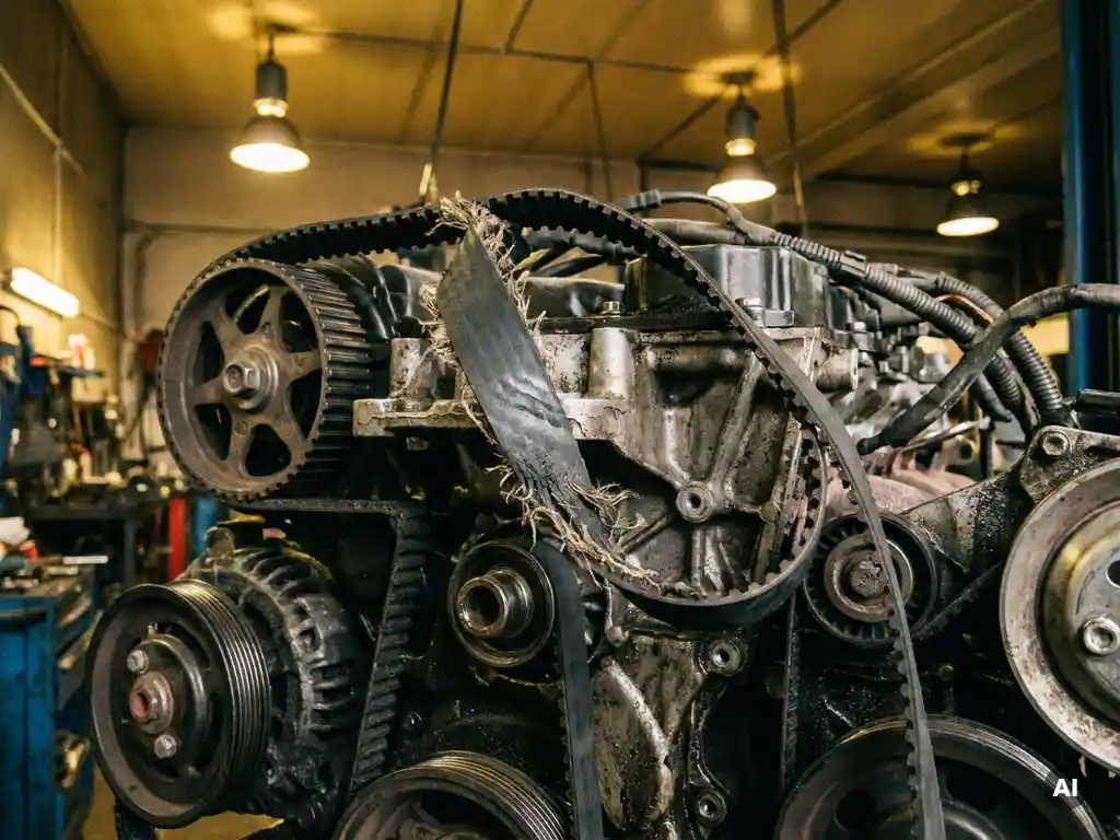 Gebroken distributieriem met rafelige randen en afgebroken tanden op een motorblok in een autogarage.