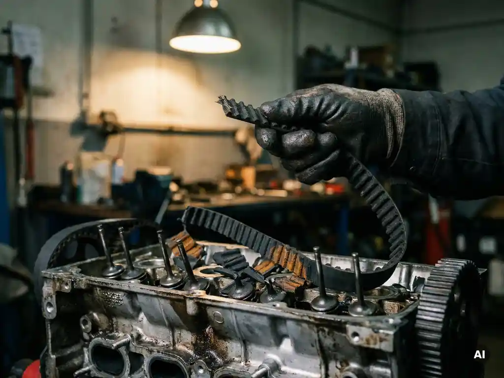 Gebroken distributieriem met gerafelde rubbertanden, vastgehouden door een monteur met vettige handschoenen boven een beschadigde motorblok.