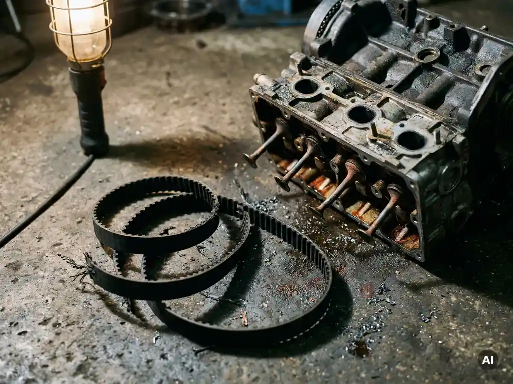 Gebroken distributieriem op garagevloer naast motorblok met zichtbaar beschadigde kleppen in cilinderkop.