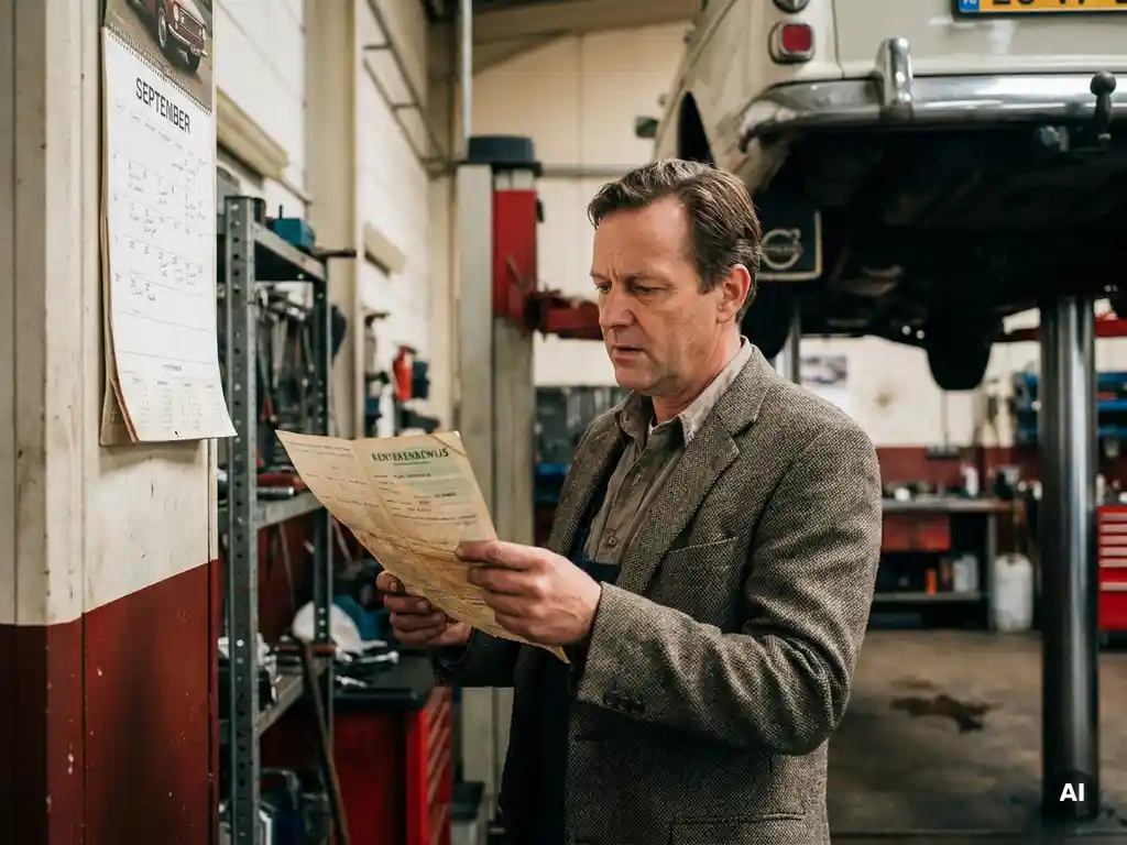 Autobezitter houdt Nederlands kentekenbewijs naast een kalender in een garage, met een auto op een lift op de achtergrond.
