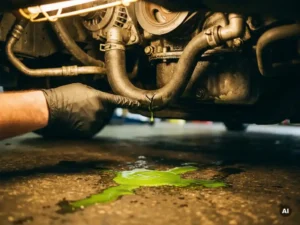 Monteur wijst naar gebarsten koelslang die groene koelvloeistof lekt op garagevloer.