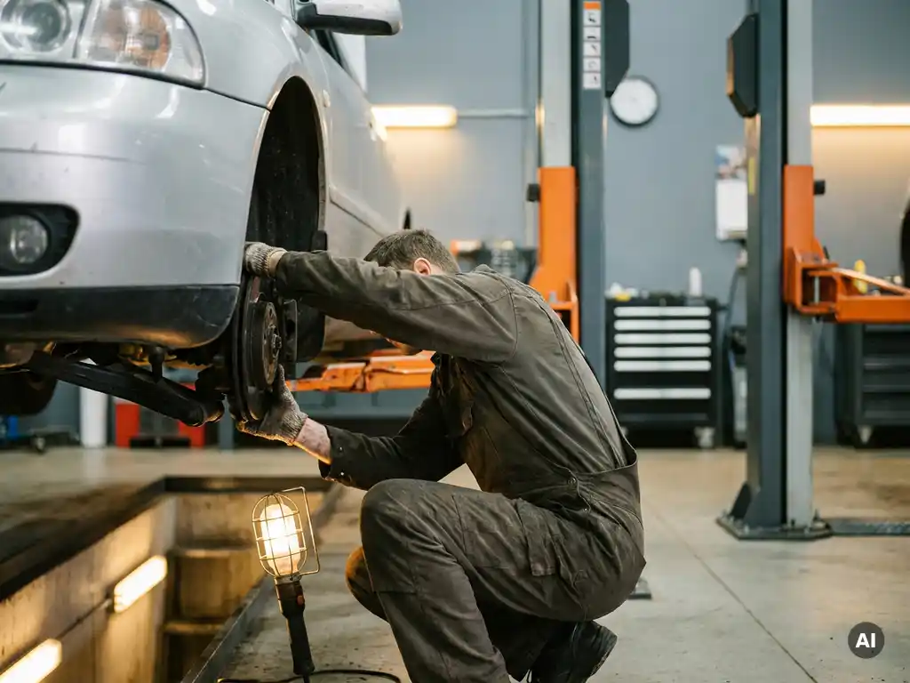 Monteur in werkoverall controleert wielophanging tijdens APK-keuring in professionele garage.