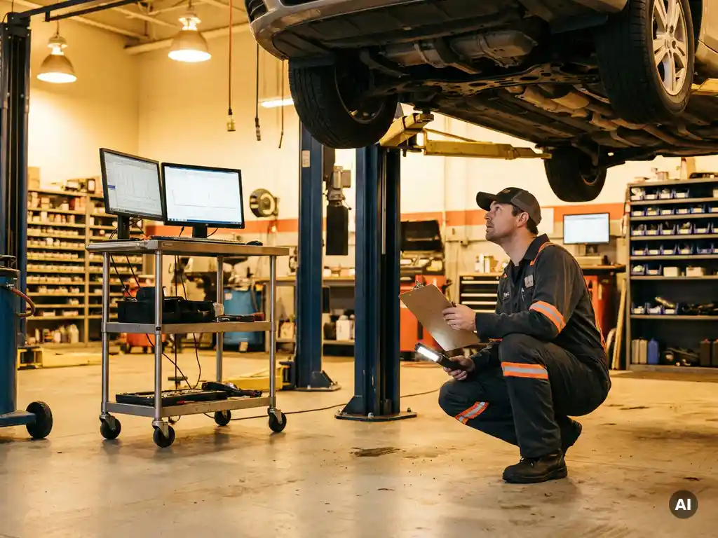 Gecertificeerde monteur inspecteert onderkant van opgeheven auto op hydraulische hefbrug met klembord in professionele garage.