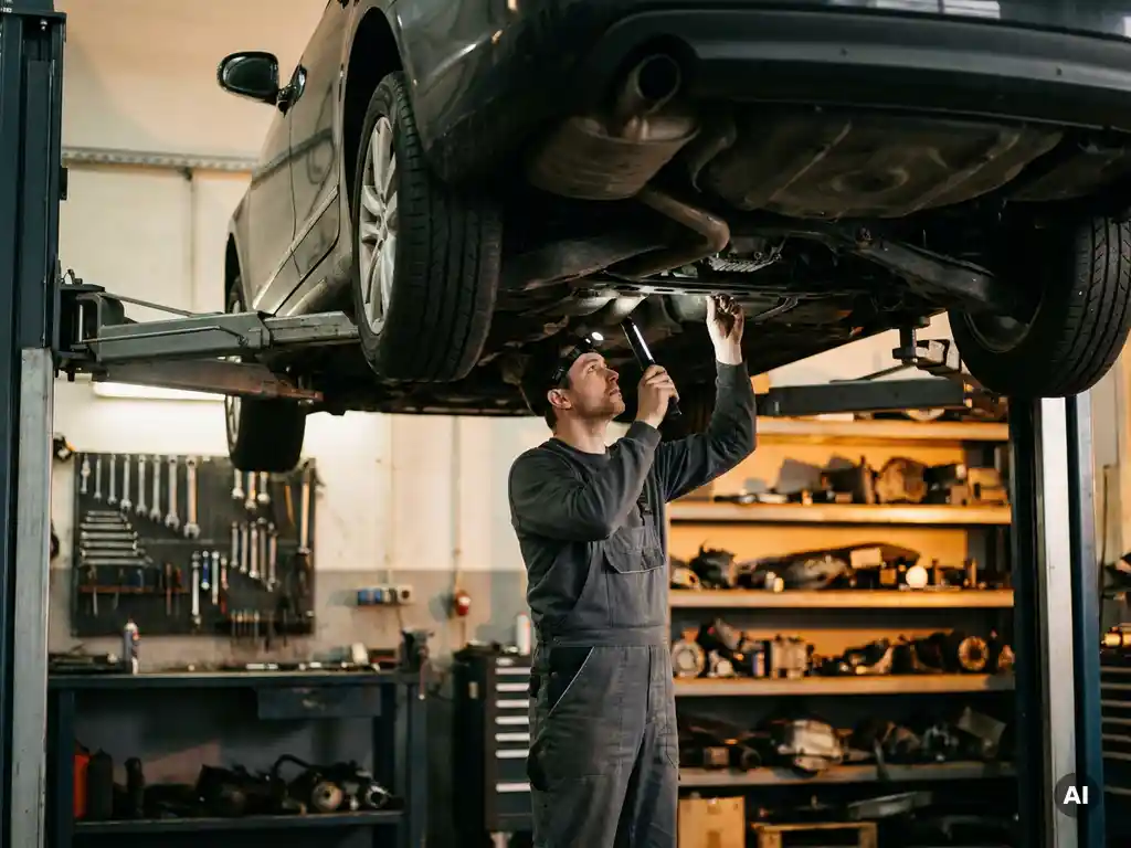 Monteur inspecteert onderkant van opgetilde auto op hydraulische hefbrug in professionele garage met gereedschapsrekken op de achtergrond.