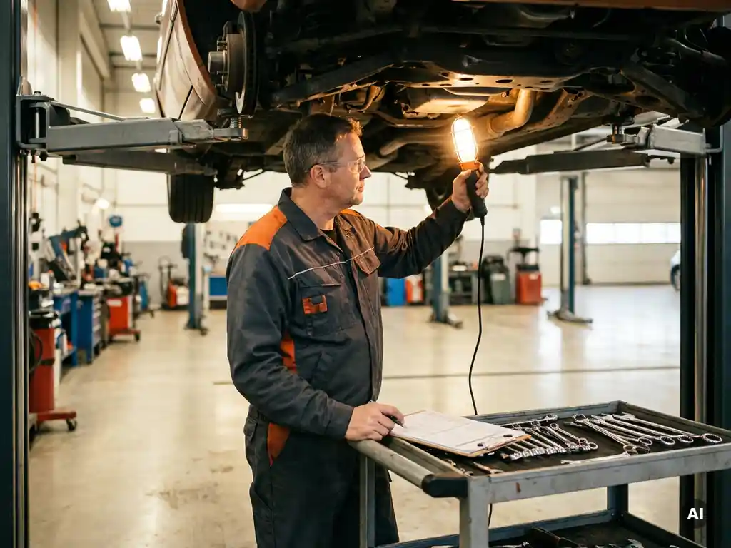 Monteur in werkplaatsuniform inspecteert auto-onderstel op hydraulische hefbrug, verlicht door inspectielamp in professionele garage.