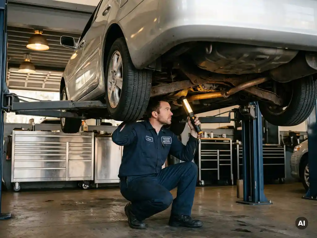 Gecertificeerde monteur in marineblauw uniform inspecteert het onderstel van een auto op een lift met een zaklamp in een moderne garage.