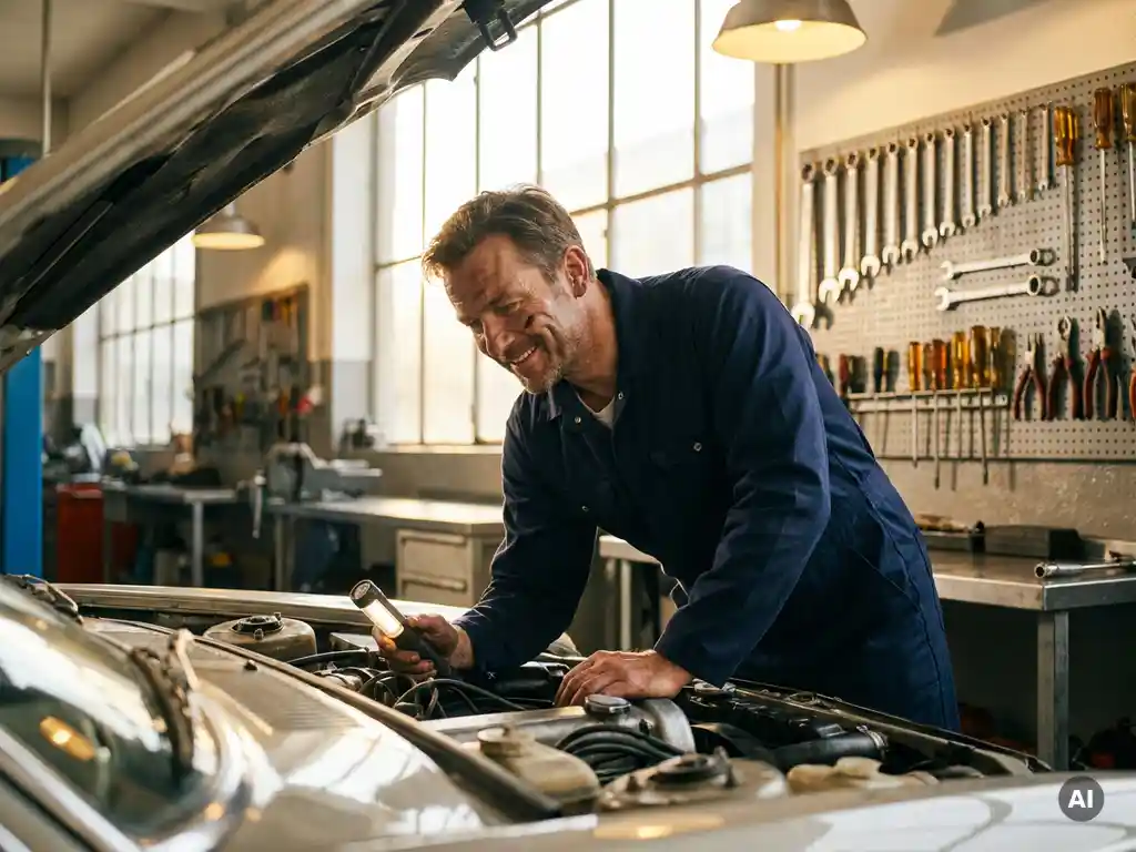 Monteur in blauwe overall inspecteert automotor in goed verlichte, georganiseerde garage met gereedschap op pegboard.