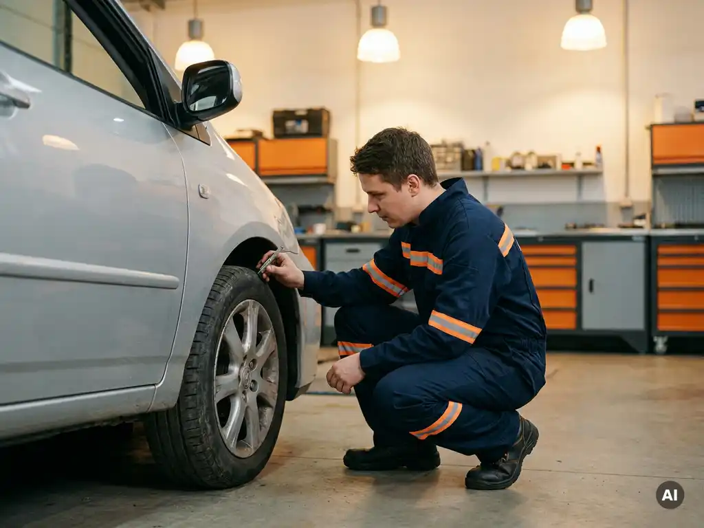 Monteur in werkplaatsuniform inspecteert bandenprofiel met meetgereedschap naast een auto in een professionele garage.