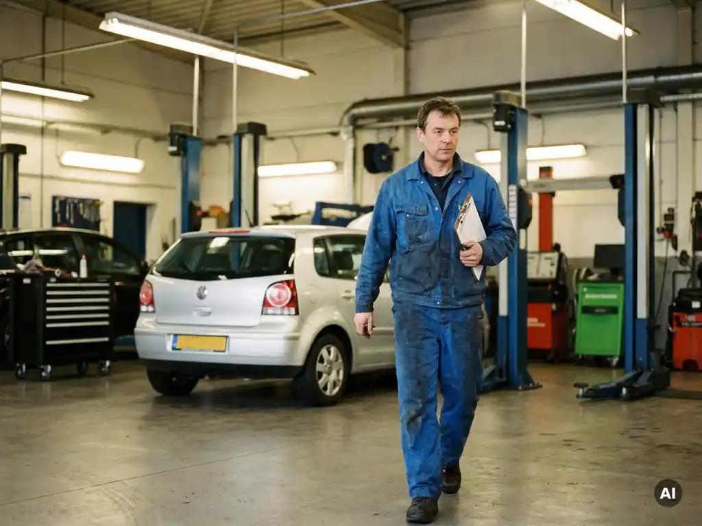 Monteur in blauwe werkkleding loopt met klembord naar zilveren hatchback in garagewerkplaats.