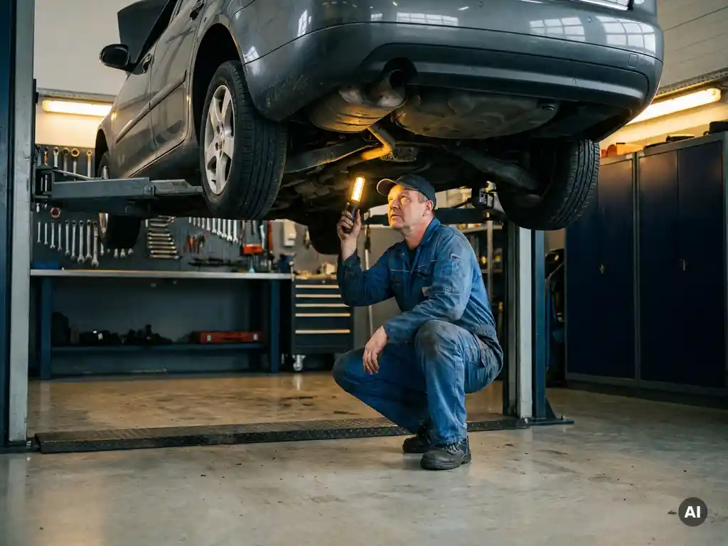 Gecertificeerde monteur in blauwe overall inspecteert het onderstel van een opgeheven auto met zaklamp in professionele garage.
