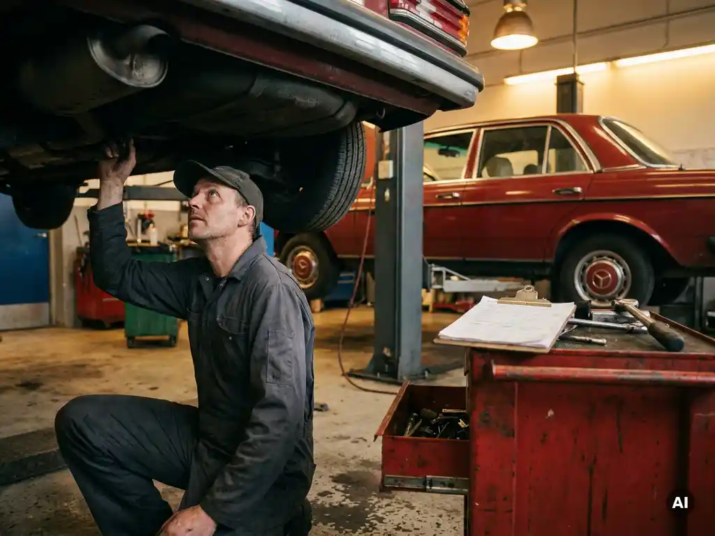 Monteur in werkkleding inspecteert de onderkant van een rode auto op een hydraulische hefbrug in een professionele garage.