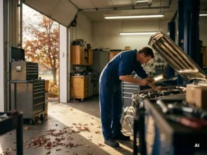 Monteur in overall inspecteert motorruimte in nette garage, herfstbladeren zichtbaar door open garagedeur in warm gouden licht.