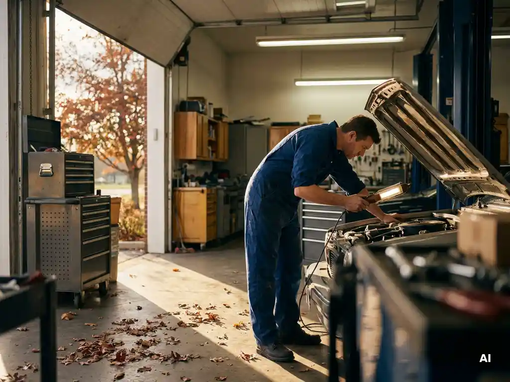 Monteur in overall inspecteert motorruimte in nette garage, herfstbladeren zichtbaar door open garagedeur in warm gouden licht.
