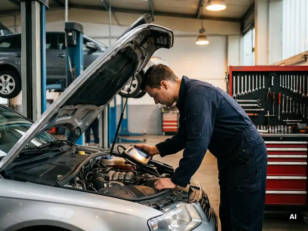 Monteur in marineblauwe overall inspecteert motorruimte met diagnostisch apparaat in professionele autogarage.