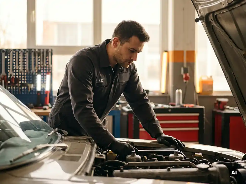 Monteur in werkplaatsuniform inspecteert motorruimte van auto met handen op de open motorkap, professionele garage op de achtergrond.