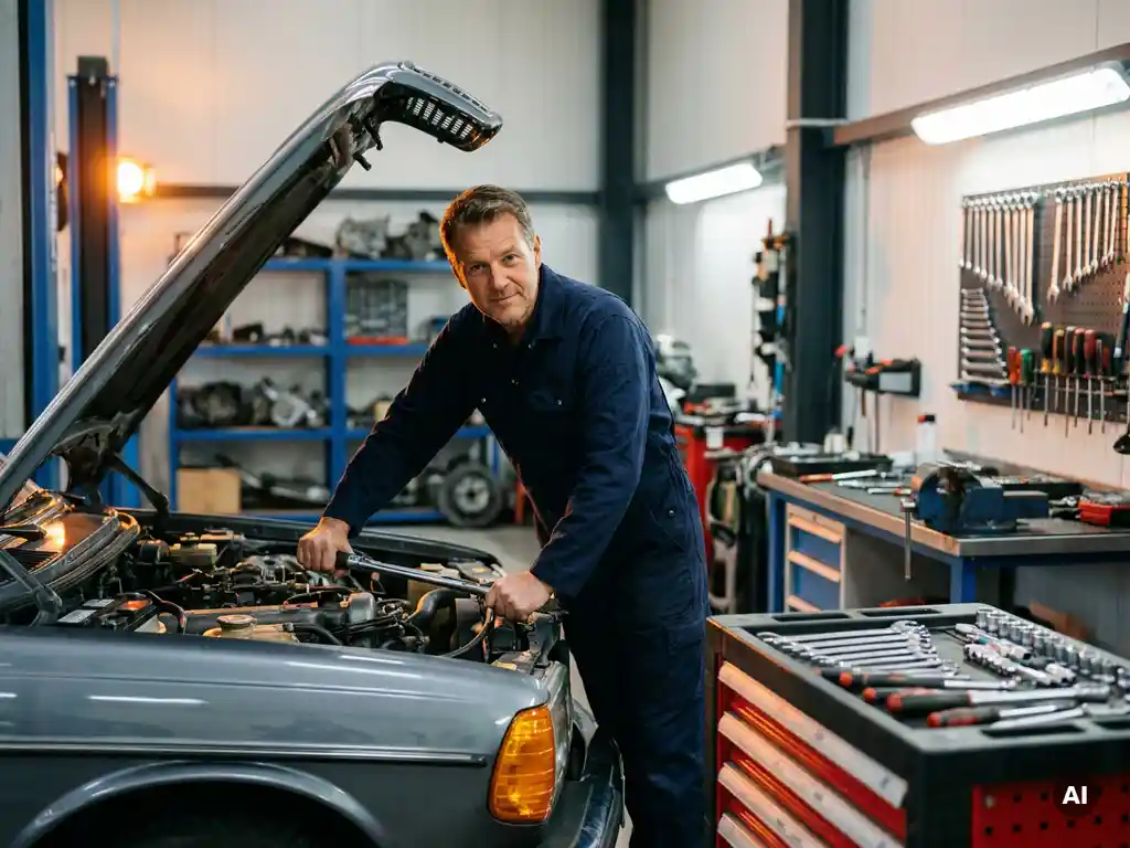 Monteur in marine overall inspecteert motorruimte in moderne garage met rood gereedschapskast op de achtergrond.