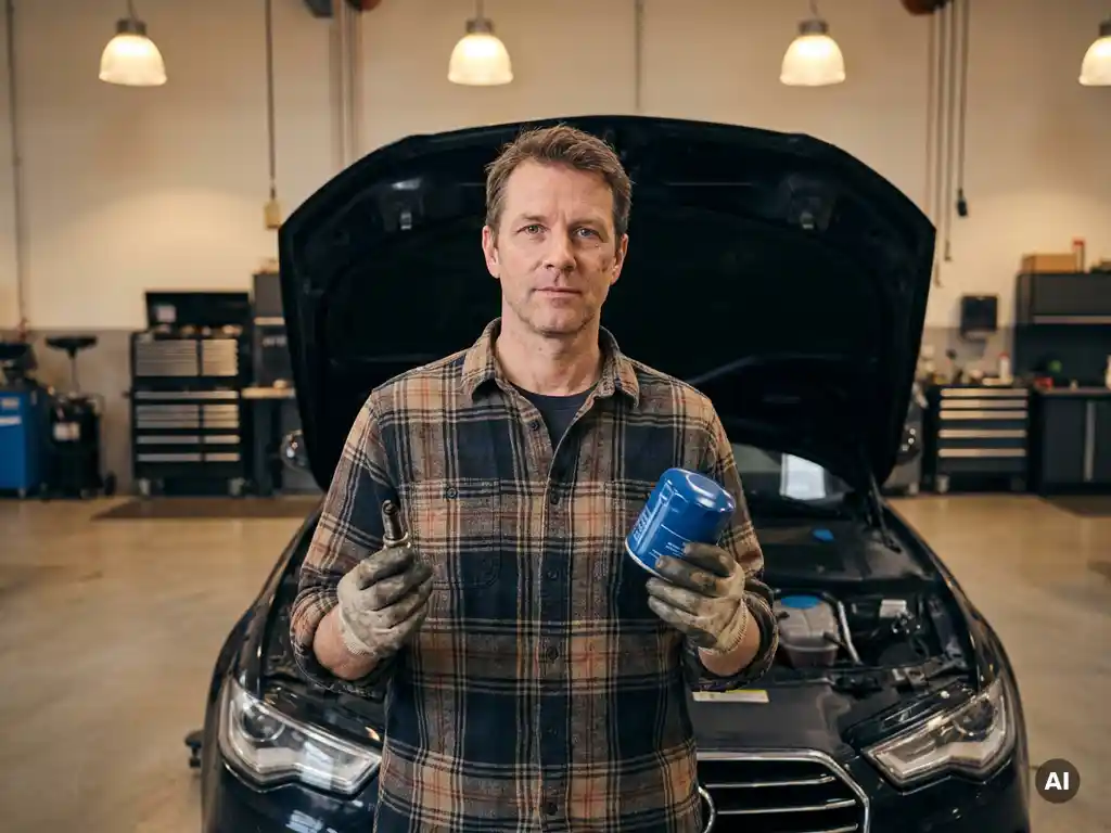 Monteur houdt oliefilter en bougie vast boven open motorkap in professionele garage met stalen blauwe en warme ambertinten.
