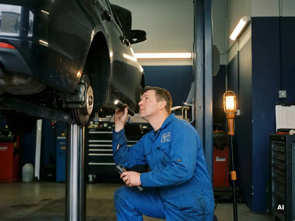 Monteur in blauwe overall inspecteert remonderdelen onder een auto op een hydraulische lift in een professionele garage.