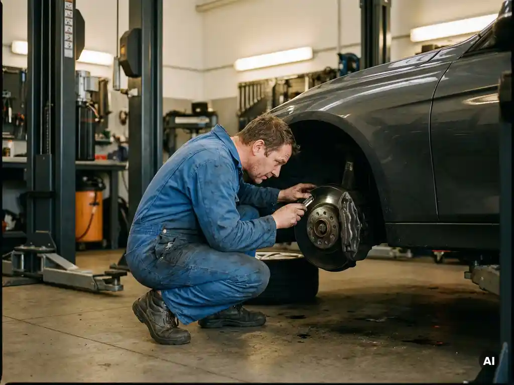Monteur in blauwe overall inspecteert remschijf en remklauw van een auto in een professionele garage.