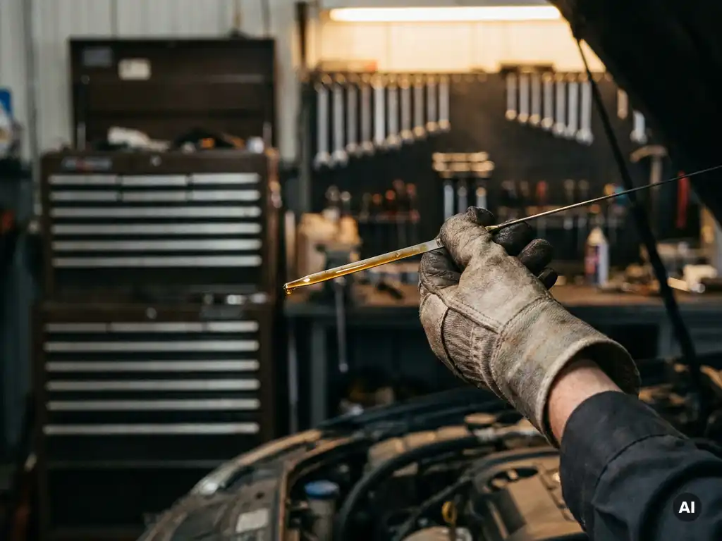 Monteurhand met handschoen houdt een schone oliedipstick omhoog boven een open motorruimte, goudkleurige motorolie glimt in warm garagelicht.