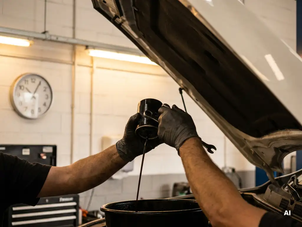 Monteur in handschoenen ververst motorolie onder de motorkap in een professionele garage, klok zichtbaar op de achtergrond.