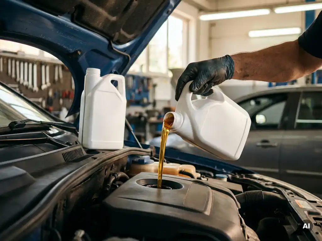 Monteurhand in handschoen giet gouden motorolie in automotor, warm werkplaatslicht verlicht de oliestraal.