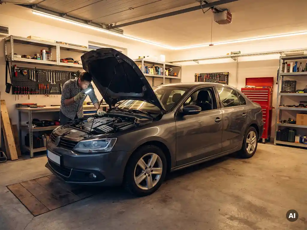 Auto-eigenaar controleert vloeistofniveaus onder de motorkap van een sedan in een nette garagewerkplaats met rode gereedschapskist op achtergrond.