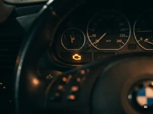 Gloeiend oranje motorcontrolelampje op een donker autodashboard, met het stuurwiel vaag zichtbaar op de achtergrond.