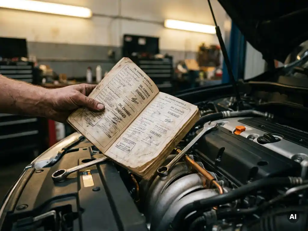 Monteurhand met vlekken houdt open onderhoudsboekje naast motorruimte, servicestempels en olieverversingsintervallen zichtbaar.