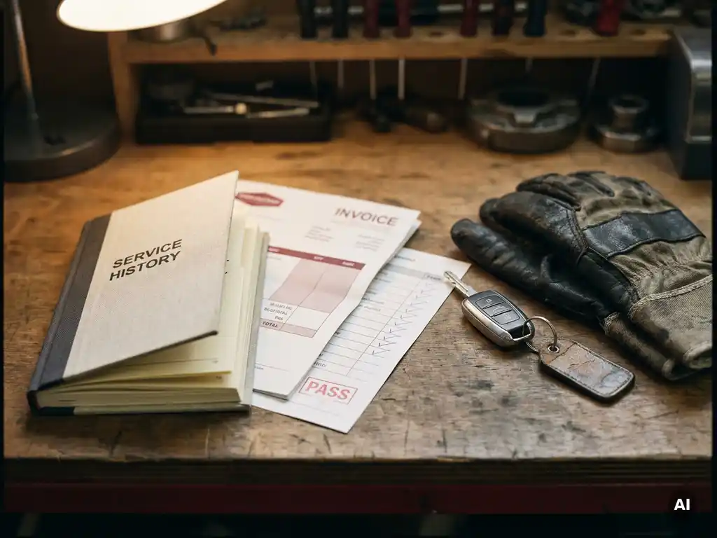 Onderhoudsbewijs, factuur en inspectiechecklist op werkplaatstafel naast autosleutel en vettige monteurhandschoen.